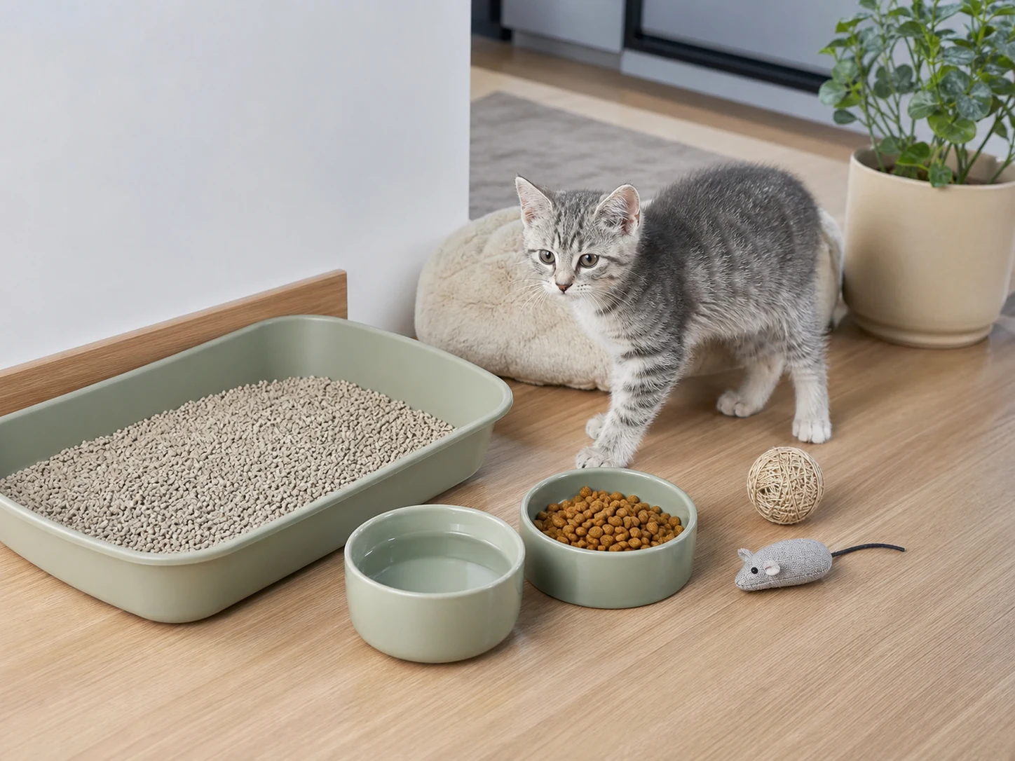 Котенок рядом с лотком, мисками и безопасными игрушками