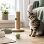 Котенок рядом с лежанкой, мисками, игрушкой и когтеточкой в подготовленной квартире