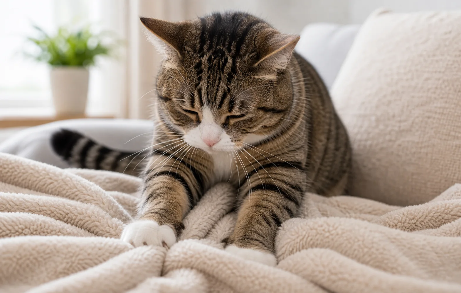 Кот мнет мягкий плед перед отдыхом