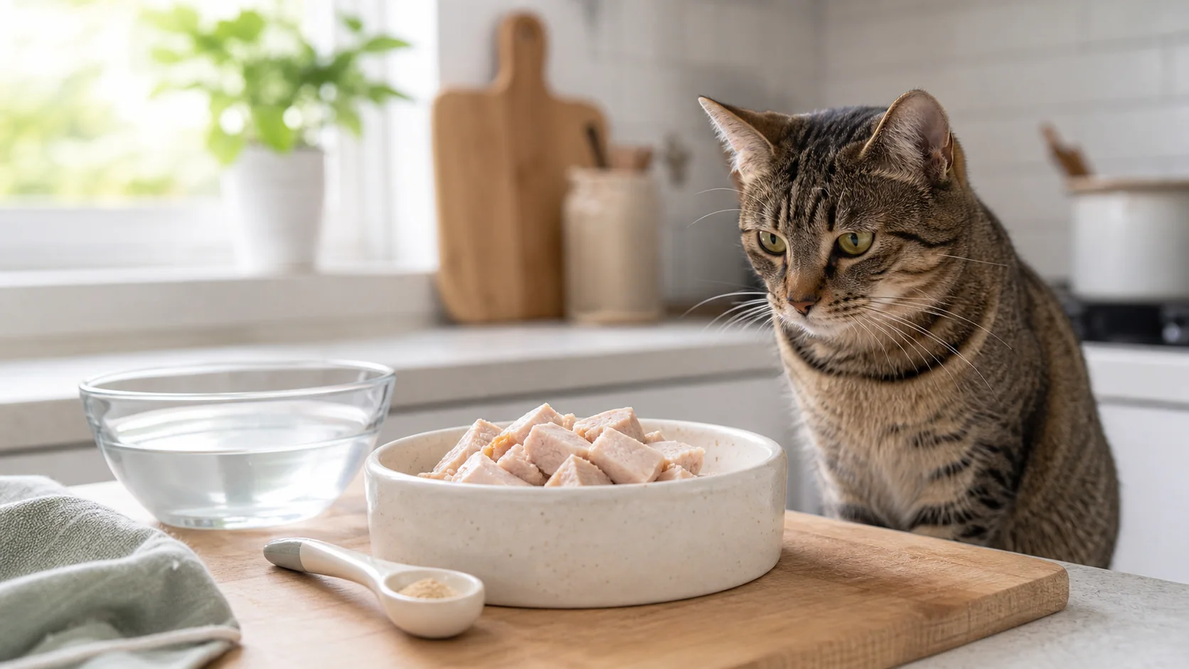 Ветеринарный рацион для кошки: миска с мясными ингредиентами, мерной ложкой и чистой водой