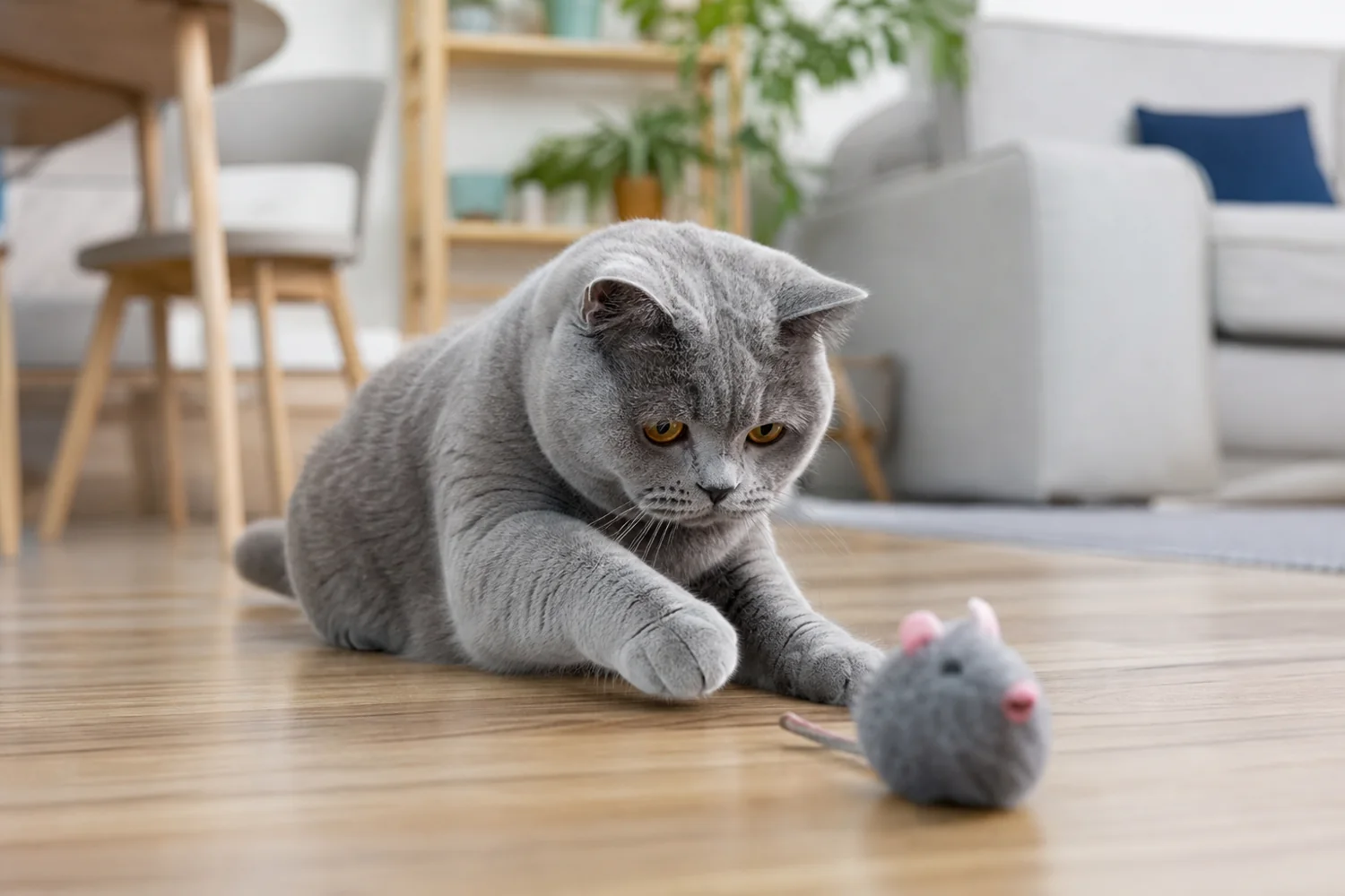 Британская кошка спокойно играет с игрушкой в квартире