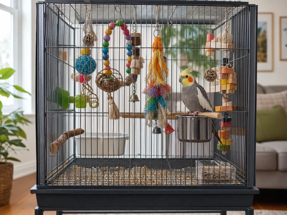 Игрушки, кормушки и безопасное наполнение клетки кореллы
