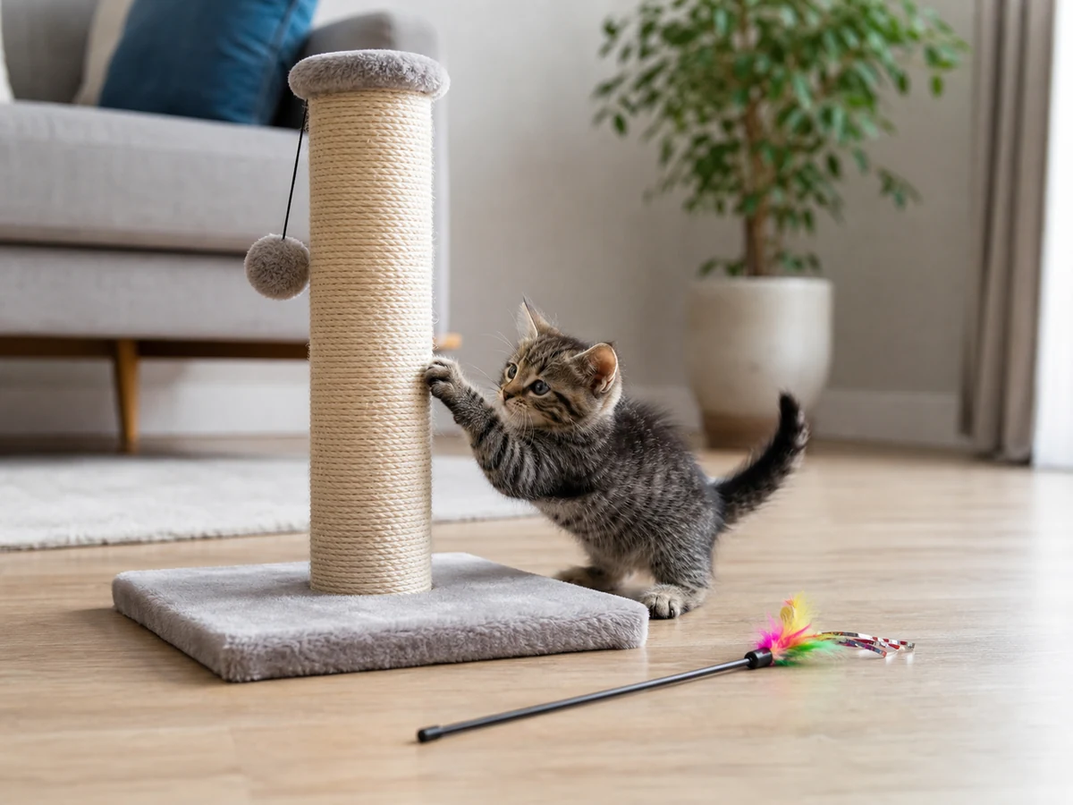 Котенок играет рядом с когтеточкой и горизонтальной игрушкой