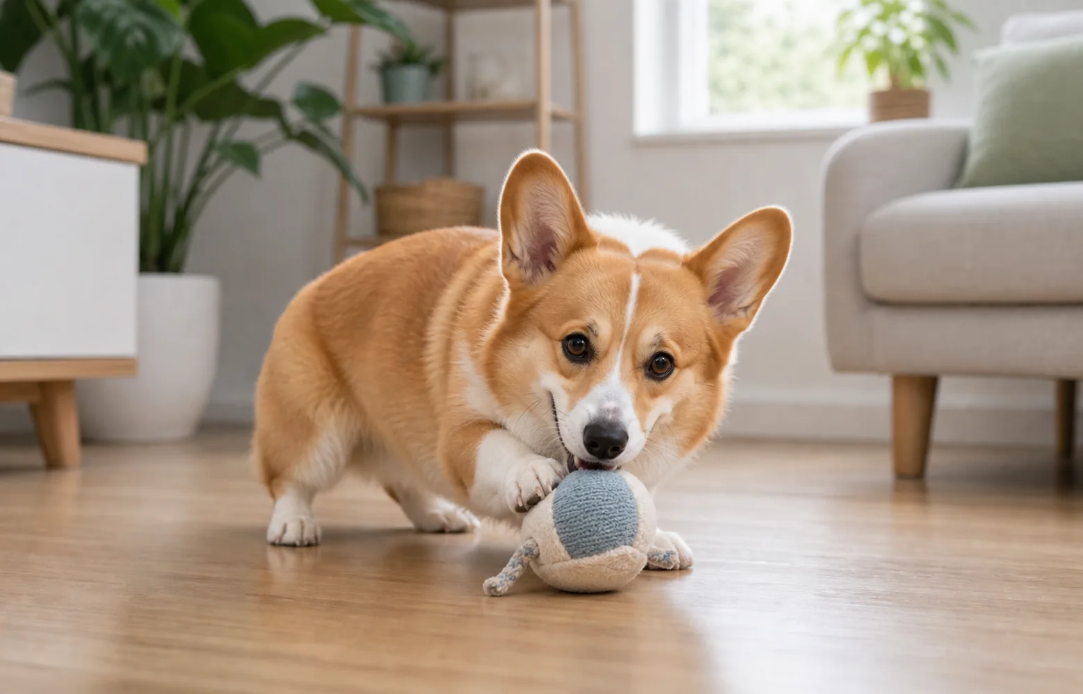 Корги играет с игрушкой в квартире