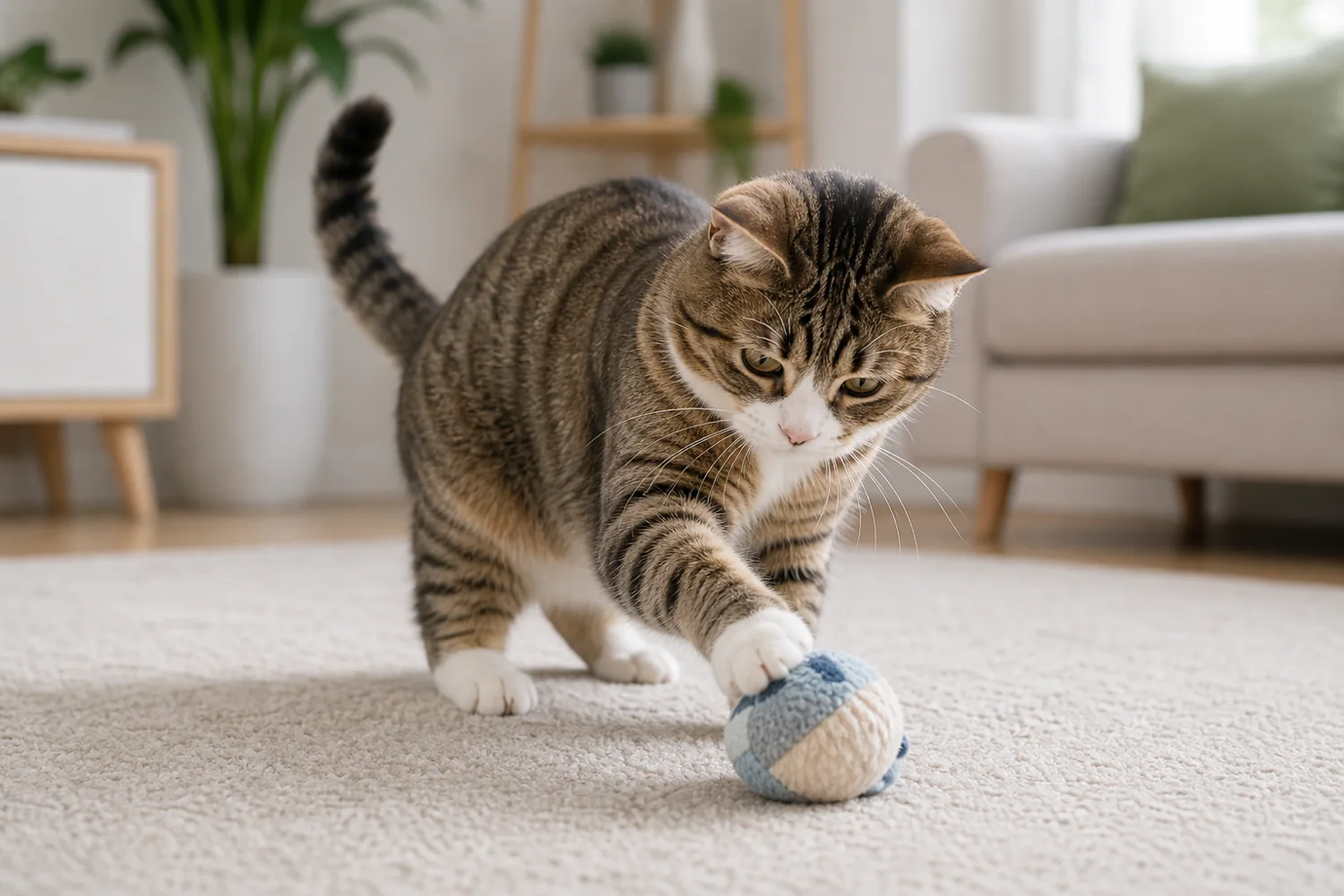 Кошка играет с безопасной игрушкой в одиночестве