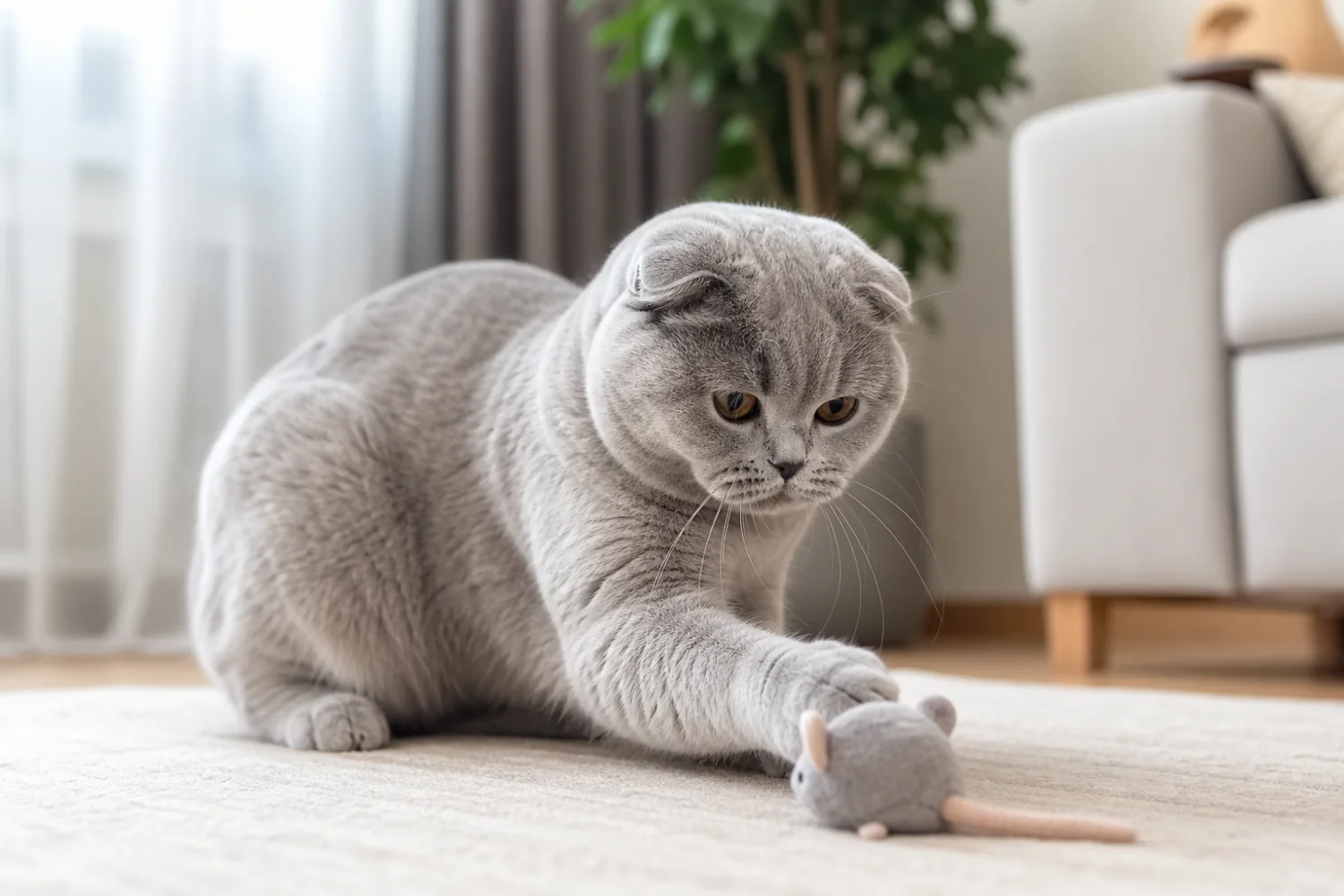Шотландская кошка спокойно играет с игрушкой в квартире