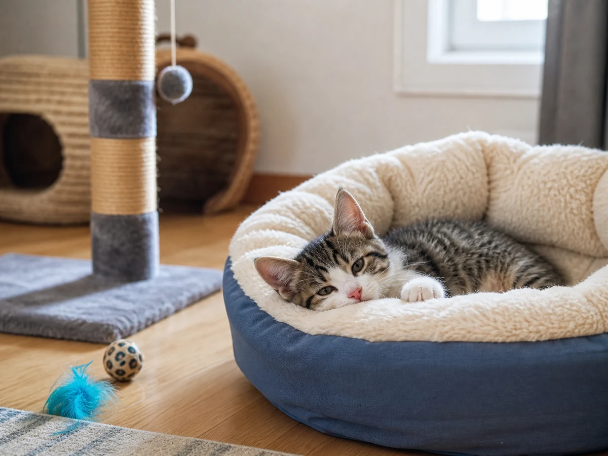 Котенок отдыхает в лежанке после игры в спокойной домашней обстановке
