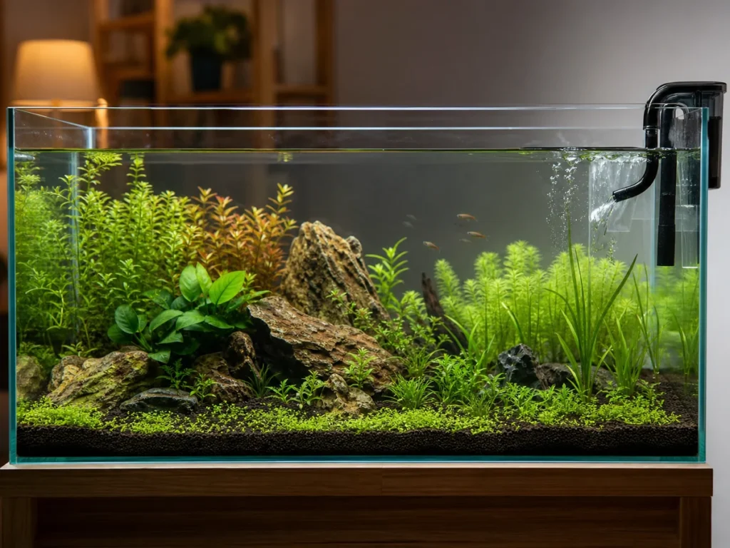 Запущенный аквариум с растениями, фильтром и чистой водой без перенаселения
