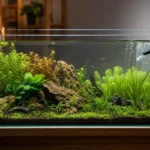 Запущенный аквариум с растениями, фильтром и чистой водой без перенаселения