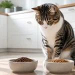 Кошка рядом с двумя мисками старого и нового корма на кухне