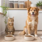 Кошка и собака рядом с мисками и нейтральными упаковками корма без брендов