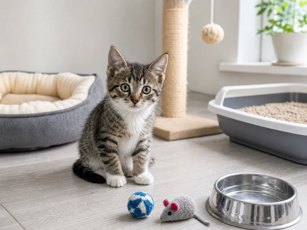 Котенок в подготовленной светлой комнате с лежанкой, лотком и игрушками