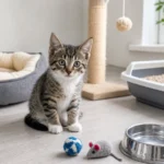 Котенок в подготовленной светлой комнате с лежанкой, лотком и игрушками