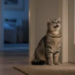 Кот сидит ночью у двери спальни в мягком свете