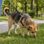Собака нюхает траву на прогулке