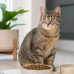 Кошка рядом с миской сухого корма и водой