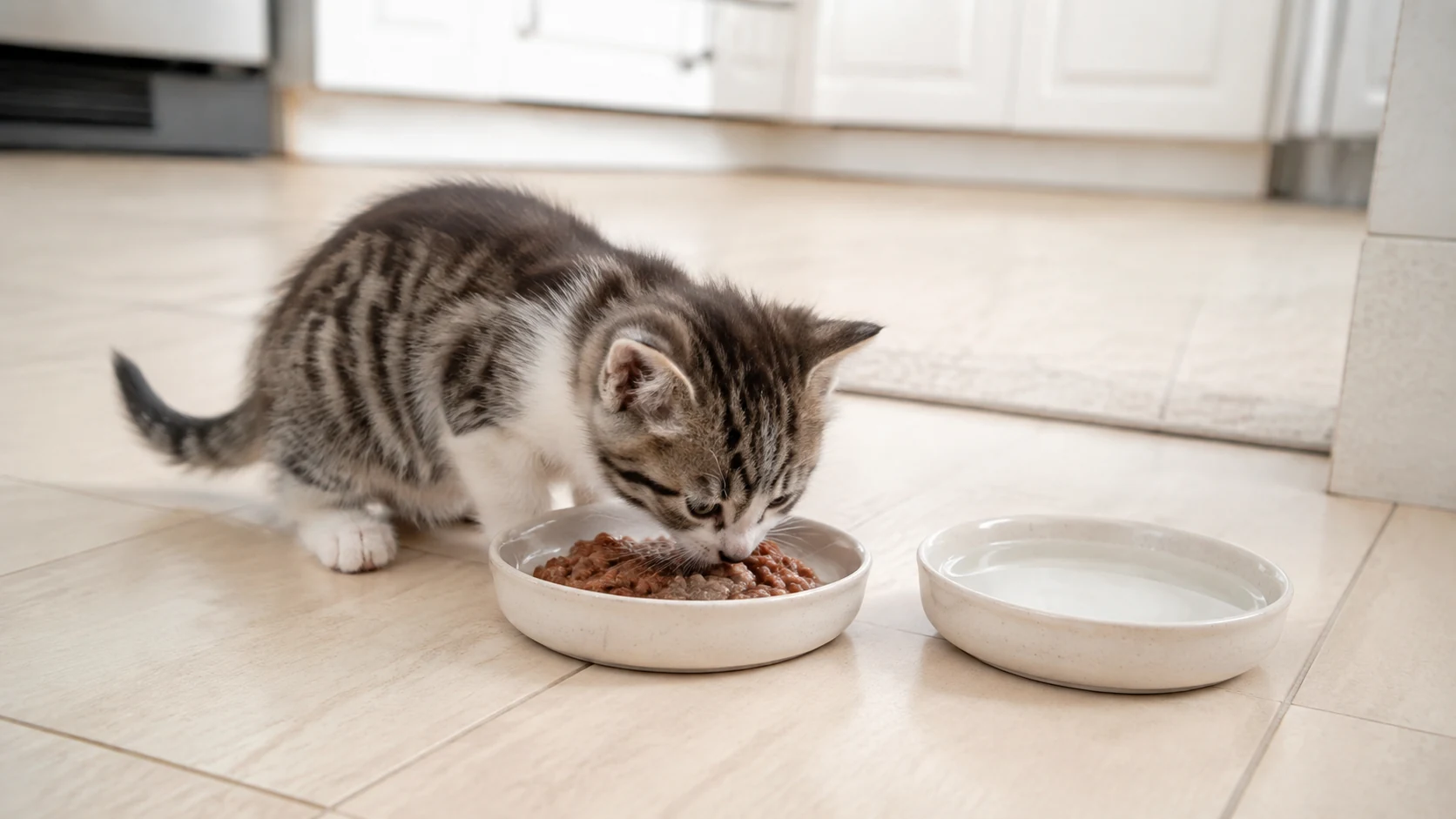 Котёнок у миски с кормом для котят и водой