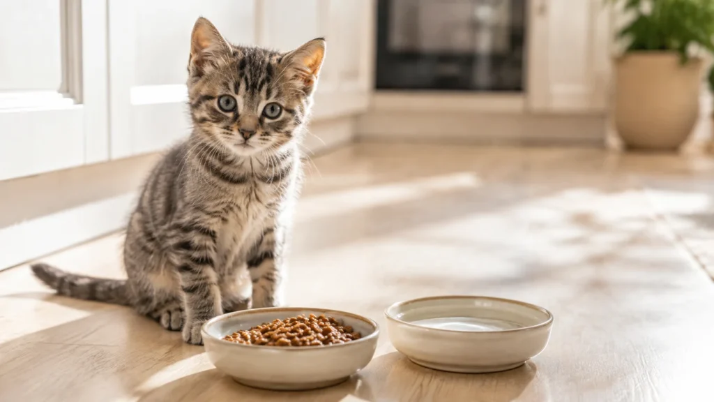Котёнок у миски с кормом для котят и водой