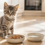 Котёнок у миски с кормом для котят и водой