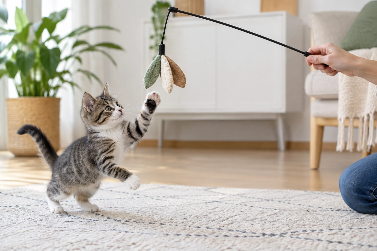 Котёнок играет с безопасной игрушкой в комнате